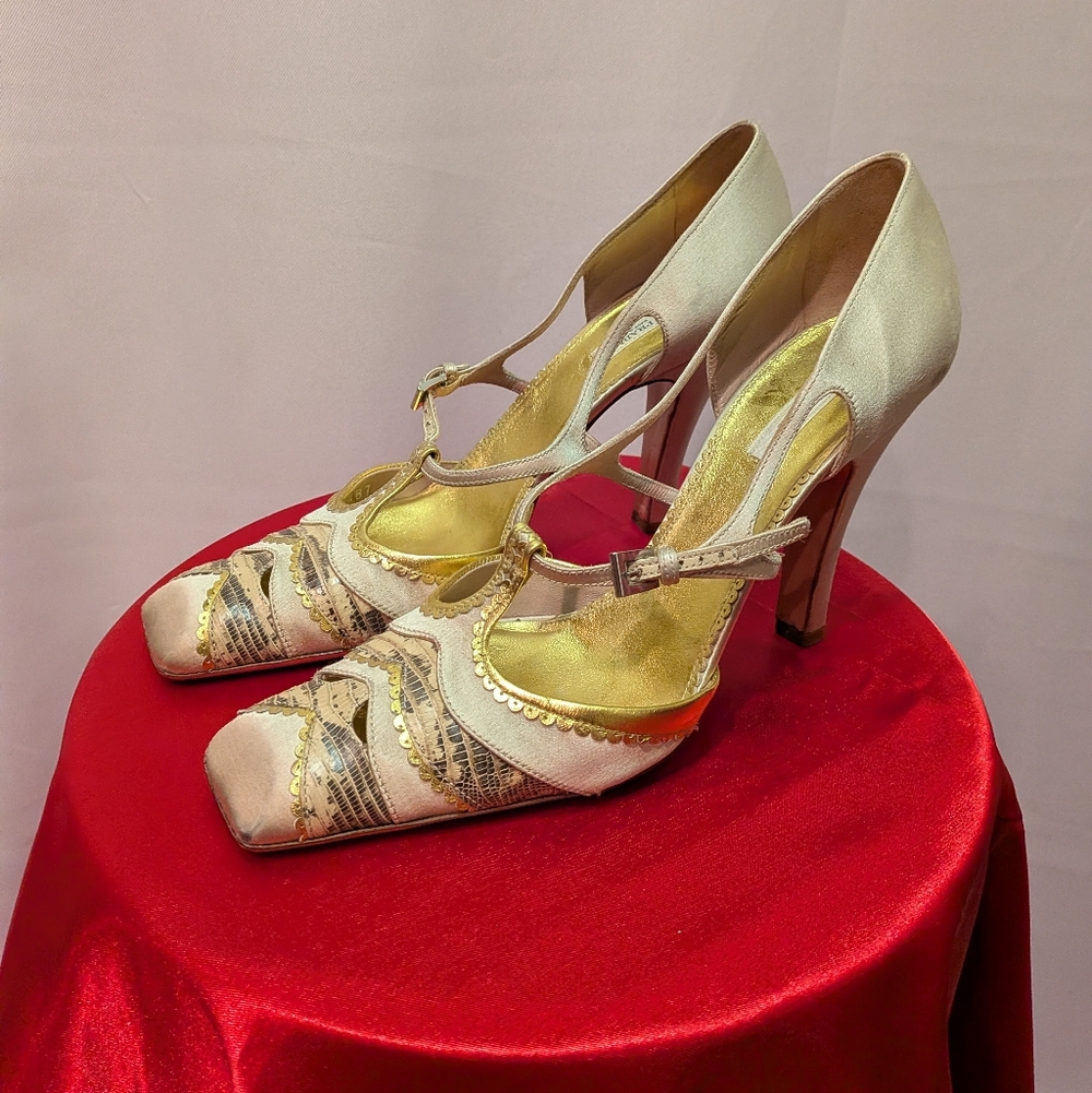 Prada Ivory and Gold T-Strap High Heel Pumps